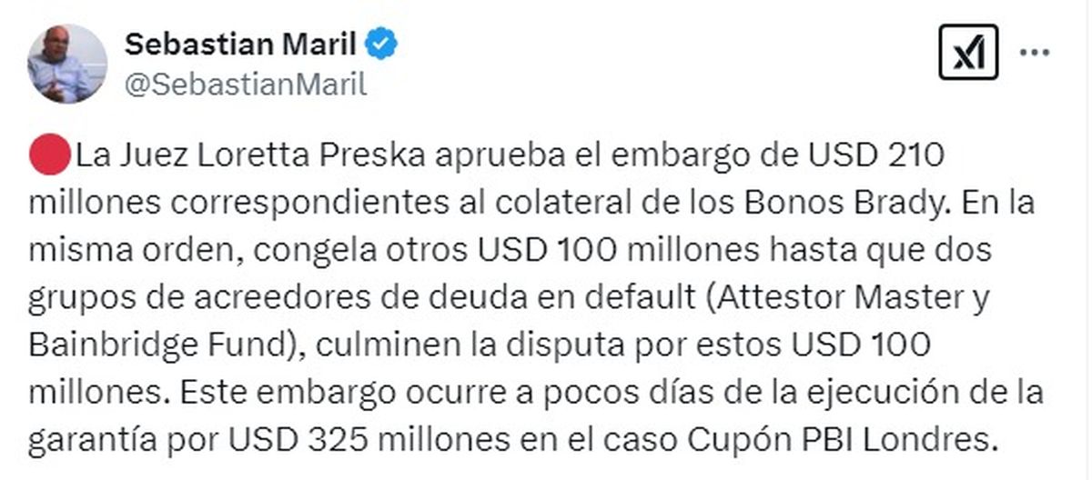 El tuit del especialista Sebastián Maril, consultor de Latam Advisors. El tuit del especialista Sebastián Maril, consultor de Latam Advisors.