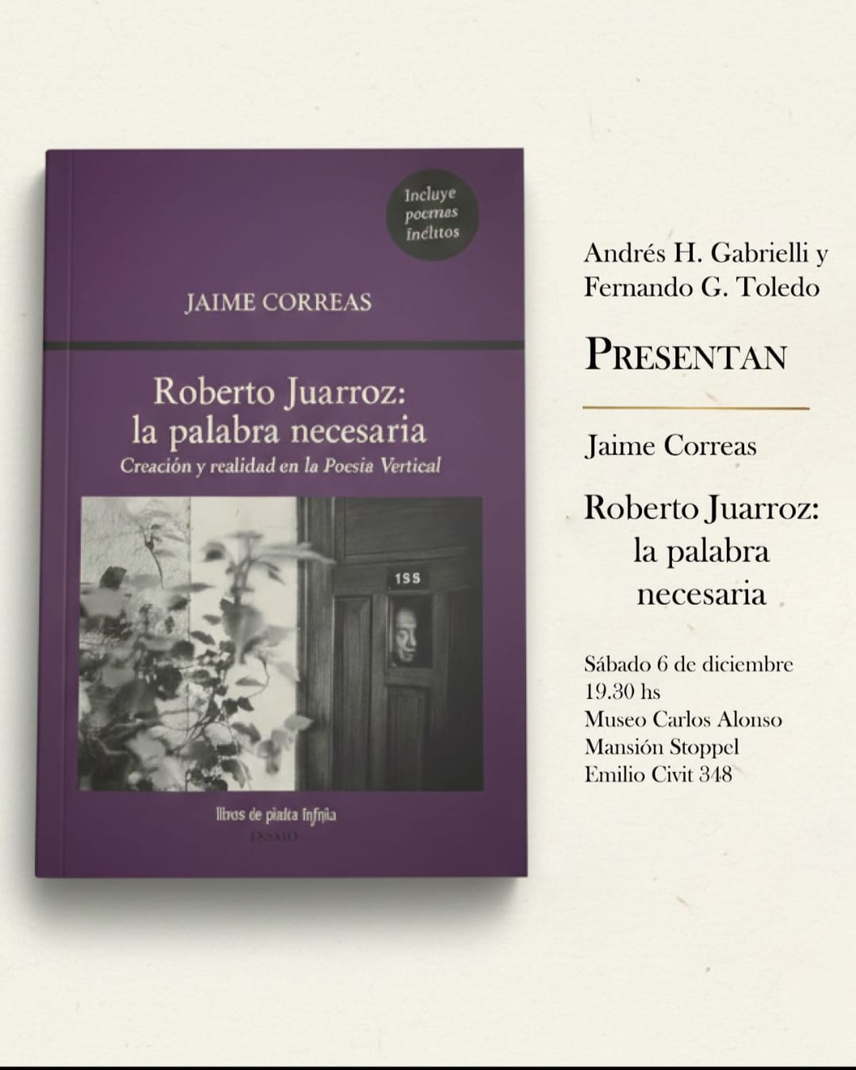 El flyer con datos sobre la presentación del libro de Correas. 