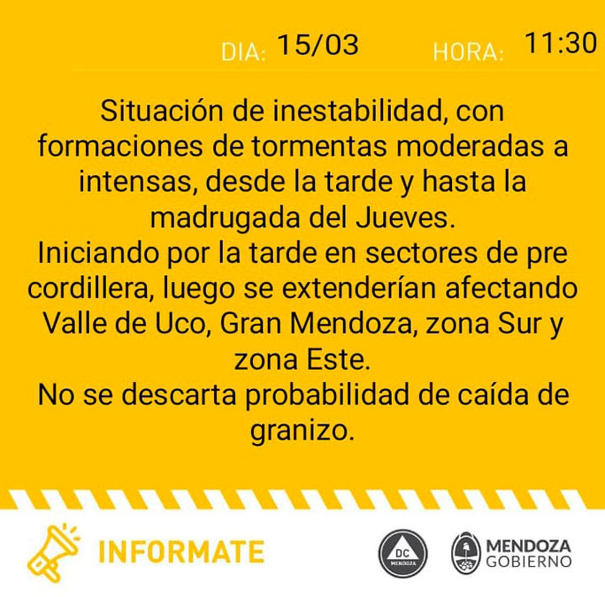 Defensa Civil emitió una alerta amarilla para Mendoza.