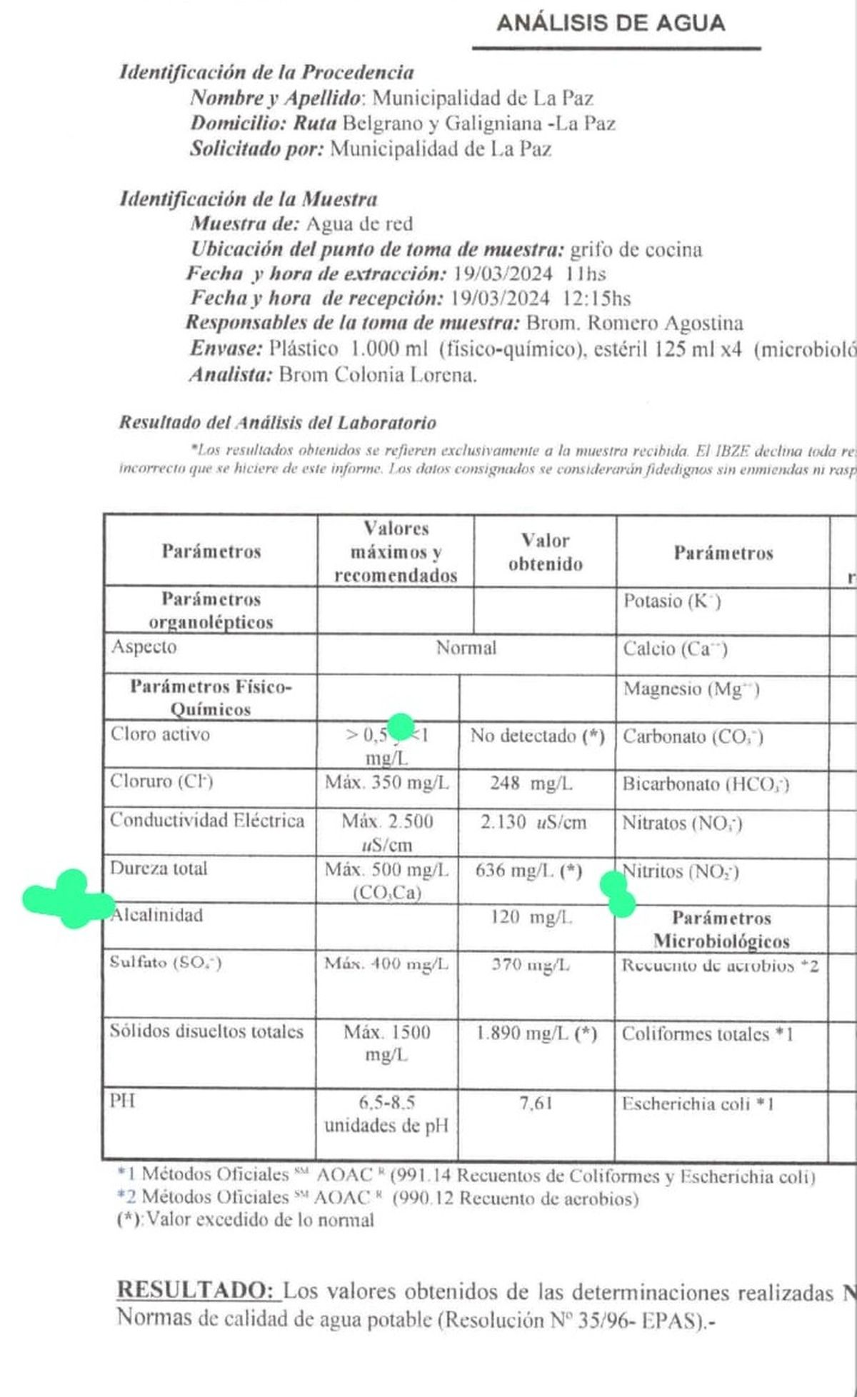 Uno de los análisis del agua que se están estudiando en La Paz. La presencia de algunas sustancias llamó la atención del municipio. Uno de los análisis del agua que se están estudiando en La Paz. La presencia de algunas sustancias llamó la atención del municipio.