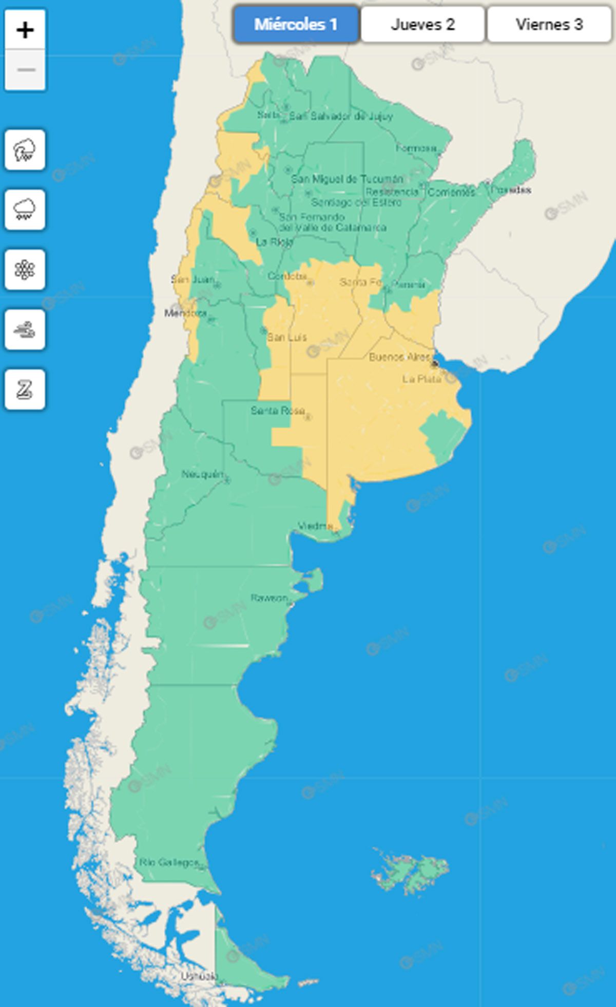 El mapa argentino con el sistema de alertas del SMN para el miércoles 1 de septiembre