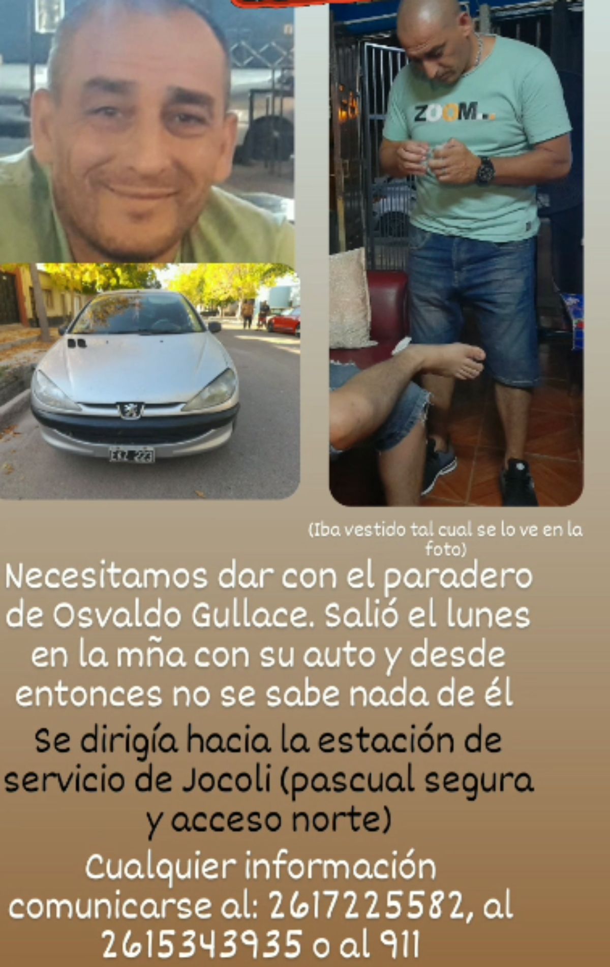 Esta imagen de Osvaldo Gullace se viralizó en las redes sociales con motivo de su búsqueda.