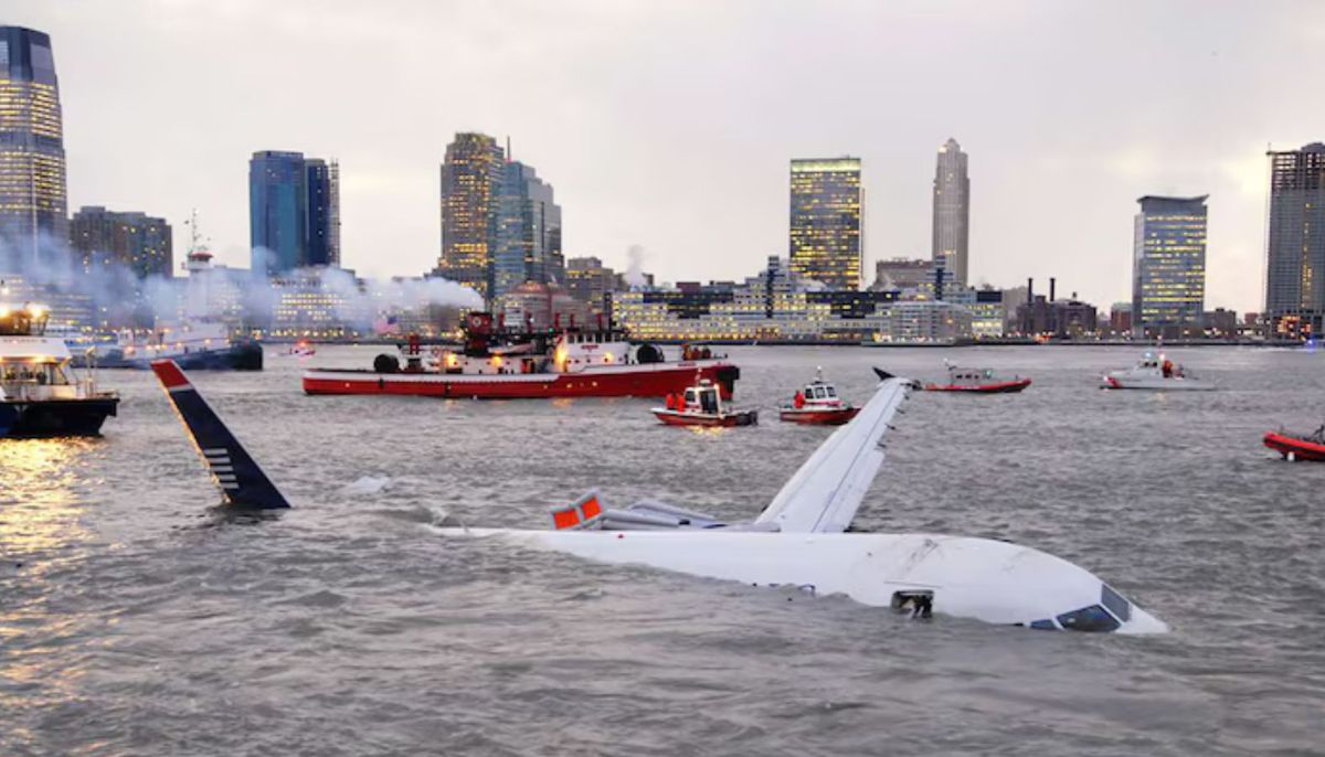 El Airbus A320 de US Airways flotando parcialmente sumergido en el río Hudson en 2009. El Airbus A320 de US Airways flotando parcialmente sumergido en el río Hudson en 2009.