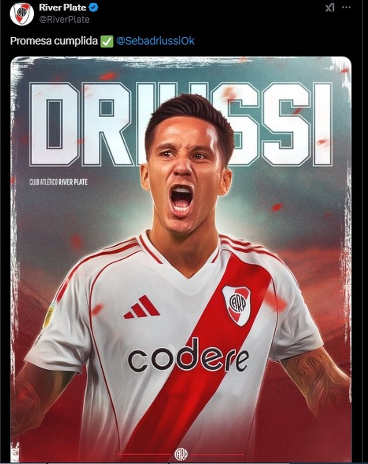 Uno de los posteos que dedicó la cuenta de River al regreso de Sebastián Driussi. Uno de los posteos que dedicó la cuenta de River al regreso de Sebastián Driussi. 
