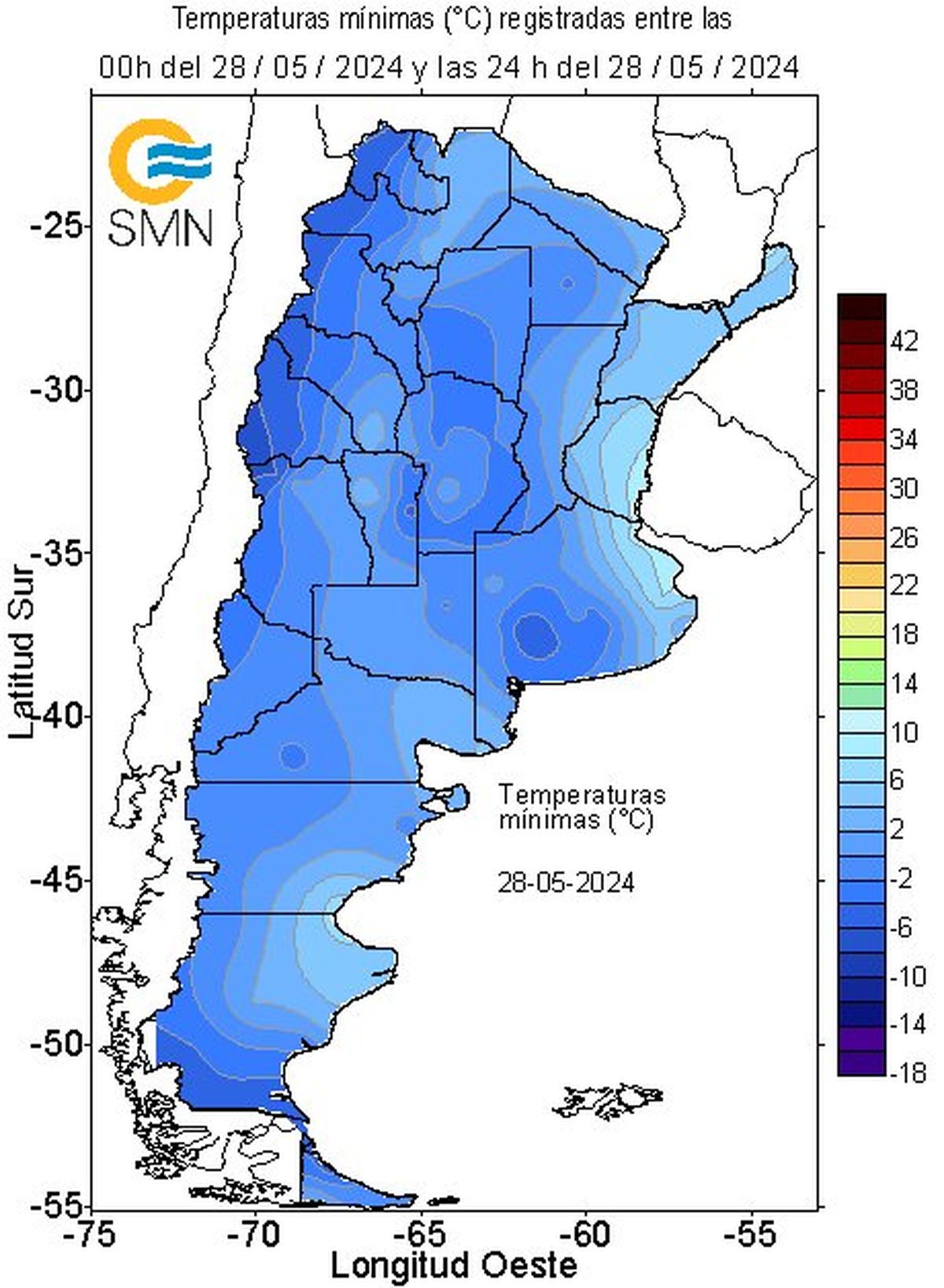 Mapa de las temperaturas más bajas del país según el Servicio Meteorológico Nacional. Mapa de las temperaturas más bajas del país según el Servicio Meteorológico Nacional.