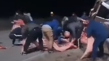 Video: volcó un camión con carne camino a Mendoza, la gente lo saqueó y hubo tiros de la policía