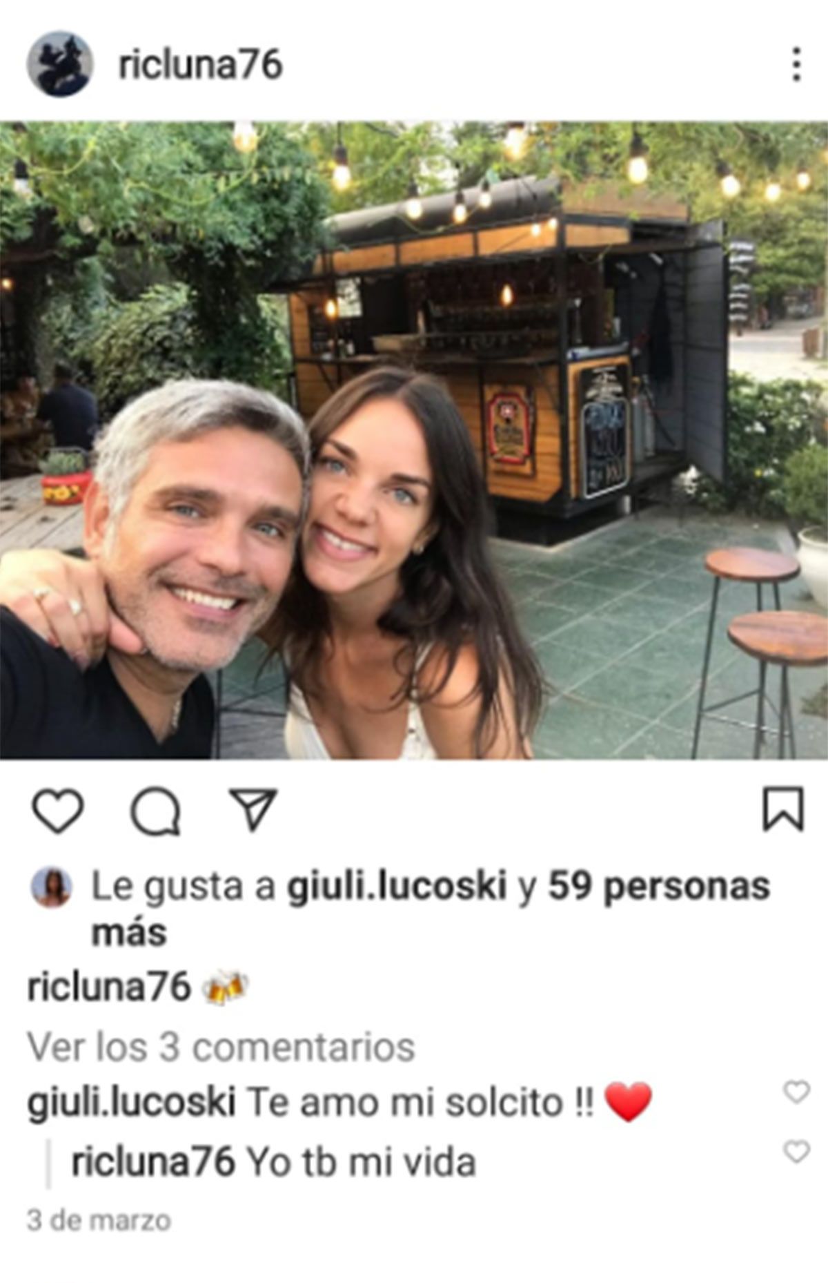 Otro de los posteos románticos de la desafortunada pareja Giuliana Lucoski - Ricardo Luna.