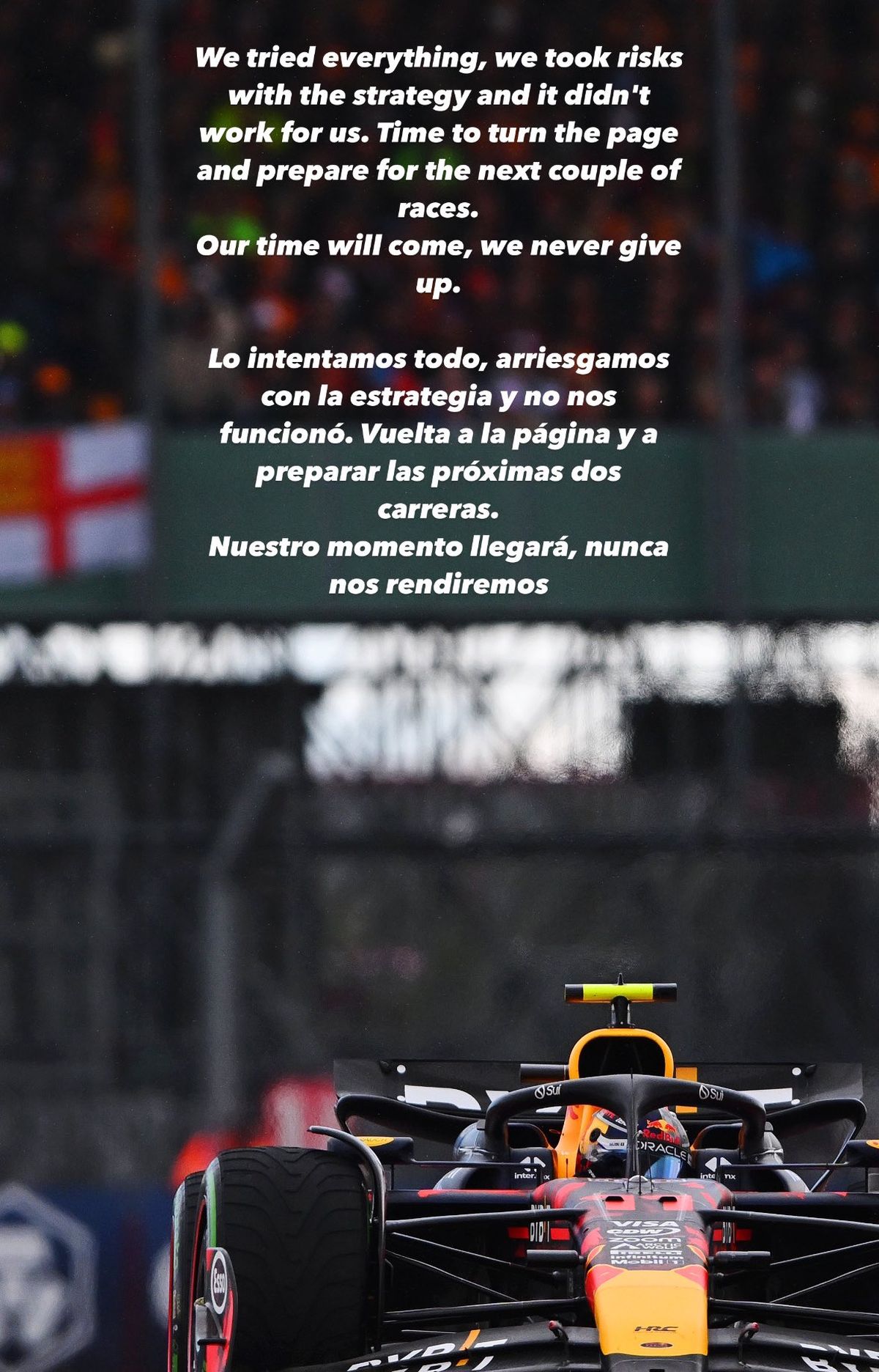 El mensaje de Checo Pérez tras culminar en el puesto 17 en el Gran Premio de Gran Bretaña. El mensaje de Checo Pérez tras culminar en el puesto 17 en el Gran Premio de Gran Bretaña.