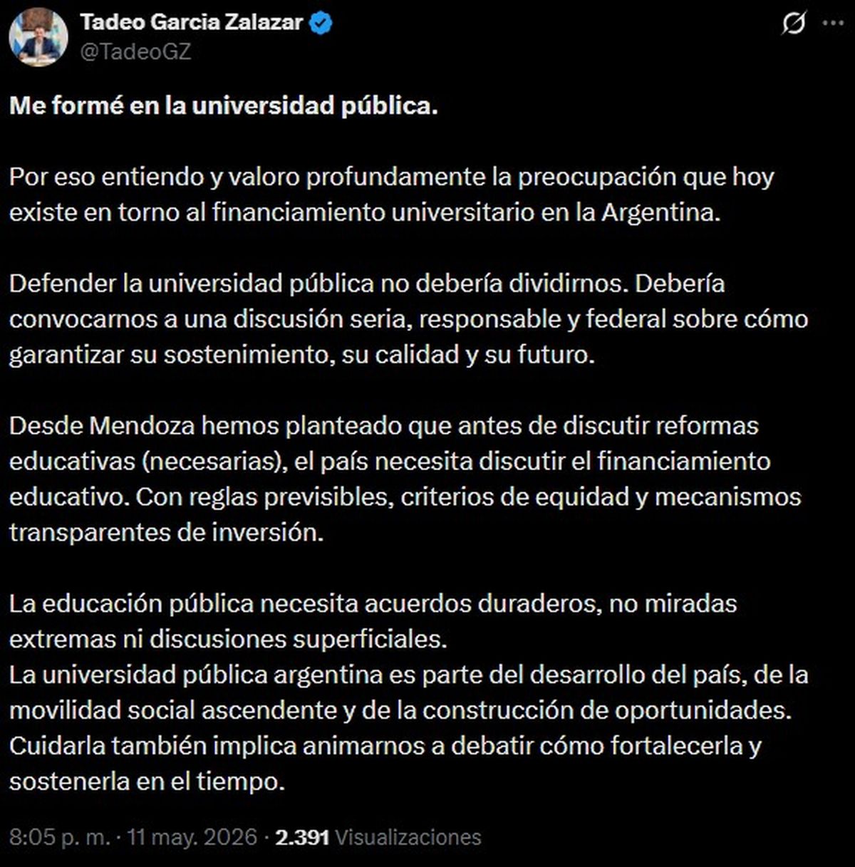 El mensaje de Tadeo García Zalazar en la previa de la marcha universitaria. El mensaje de Tadeo García Zalazar en la previa de la marcha universitaria.