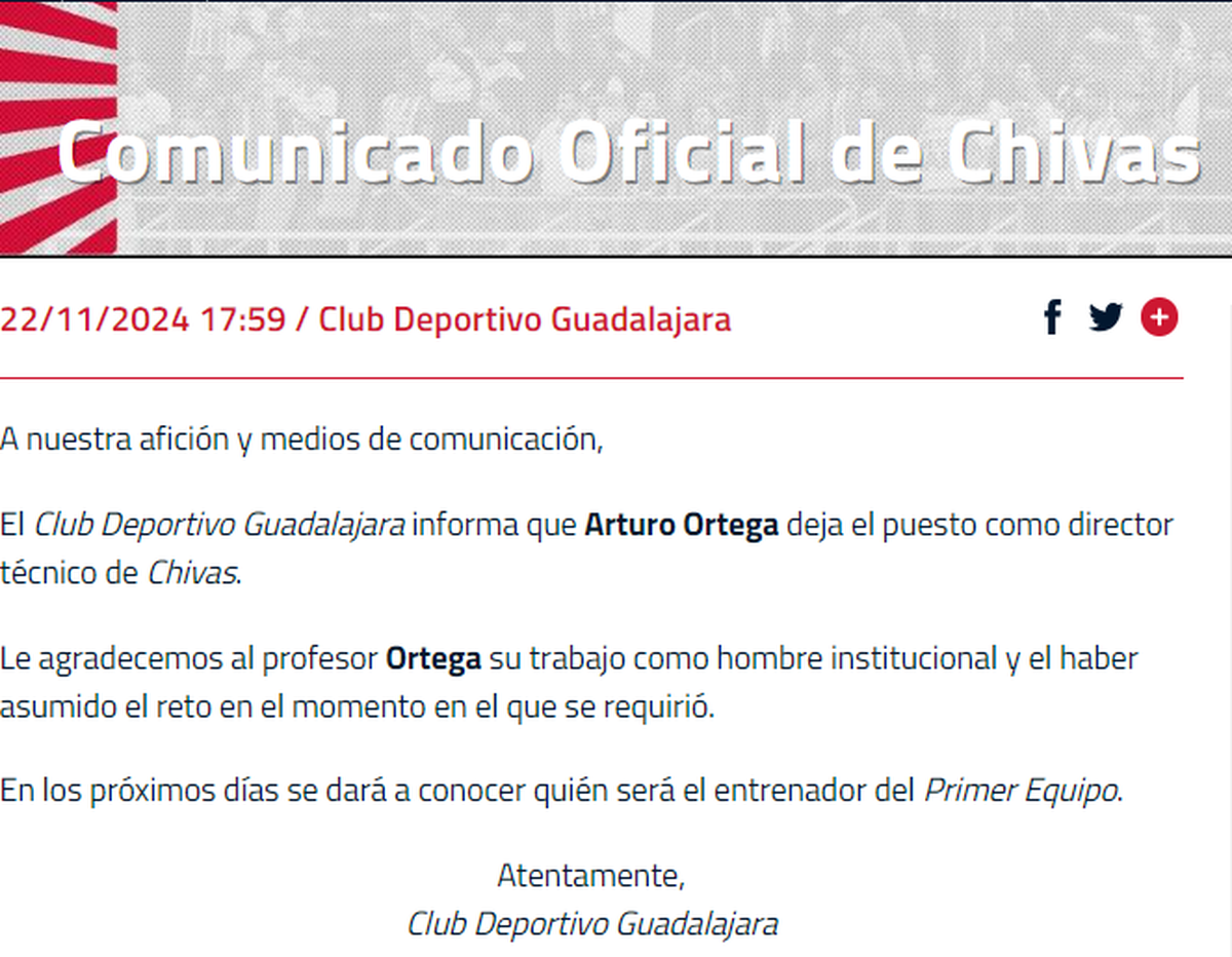 El comunicado que el club publicó en su web. El comunicado que el club publicó en su web.