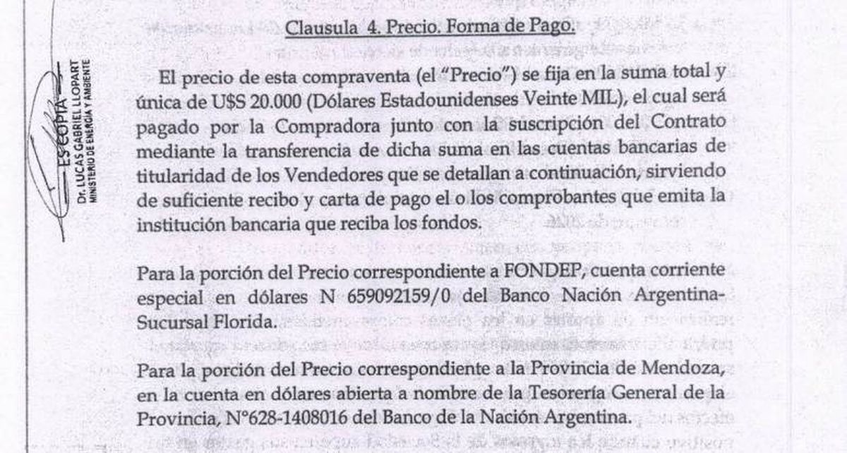 Parte del contrato de compraventa de las acciones de IMPSA que se conoció este jueves. Parte del contrato de compraventa de las acciones de IMPSA que se conoció este jueves.