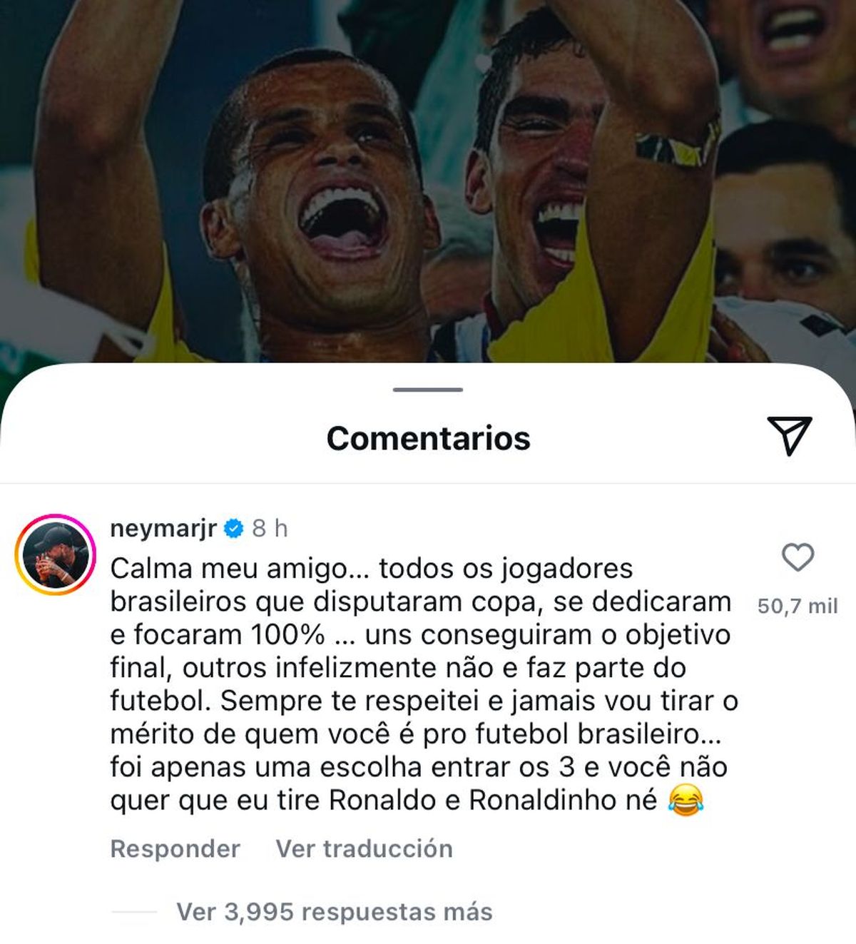 Neymar recogió el guante y le respondió a Rivaldo. Neymar recogió el guante y le respondió a Rivaldo.