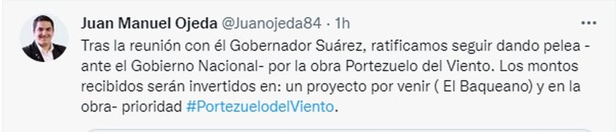 Uno de los tuits que difundió Juan Manuel Ojeda este viernes.