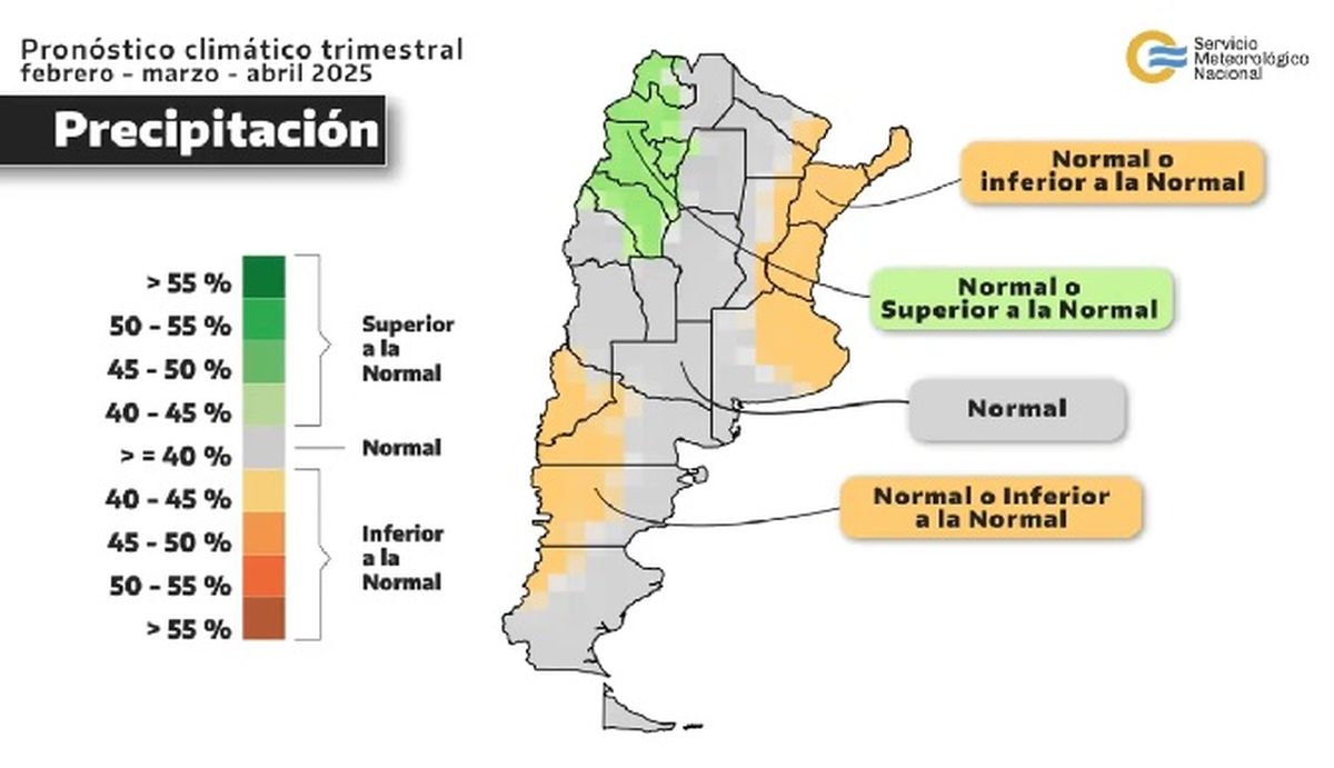 El Servicio Meteorológico Nacional anunció las precipitaciones en los próximos tres meses. El Servicio Meteorológico Nacional anunció las precipitaciones en los próximos tres meses.