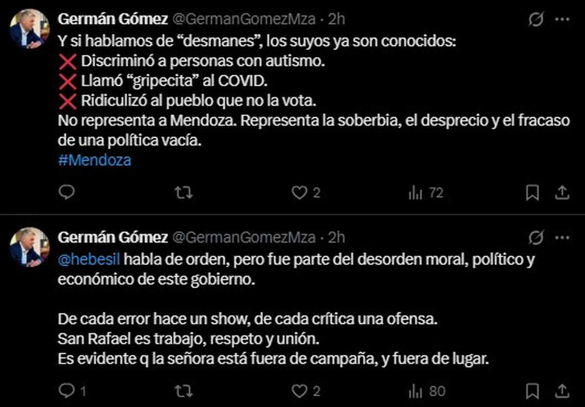 Los posteos de Germán Gómez contra Hebe Casado. Los posteos de Germán Gómez contra Hebe Casado.