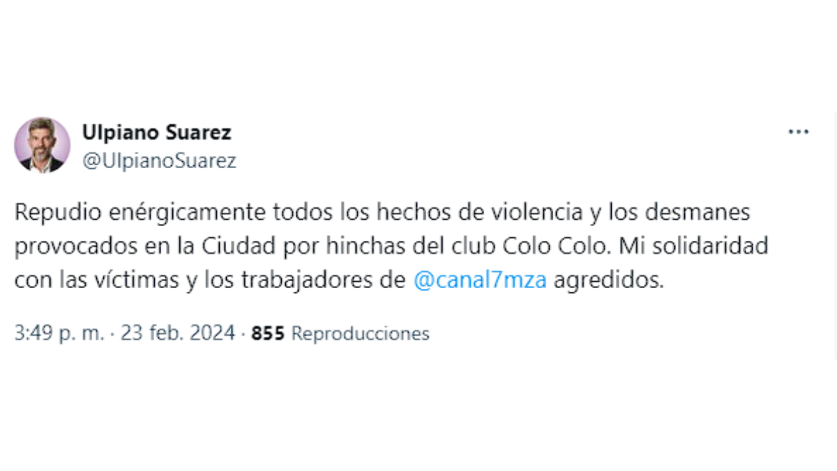En su cuenta de X el intendente de Ciudad habló sobre los incidentes ocurridos en el centro mendocino y la víctimas agredidas del equipo de Canal 7. En su cuenta de X el intendente de Ciudad habló sobre los incidentes ocurridos en el centro mendocino y la víctimas agredidas del equipo de Canal 7.