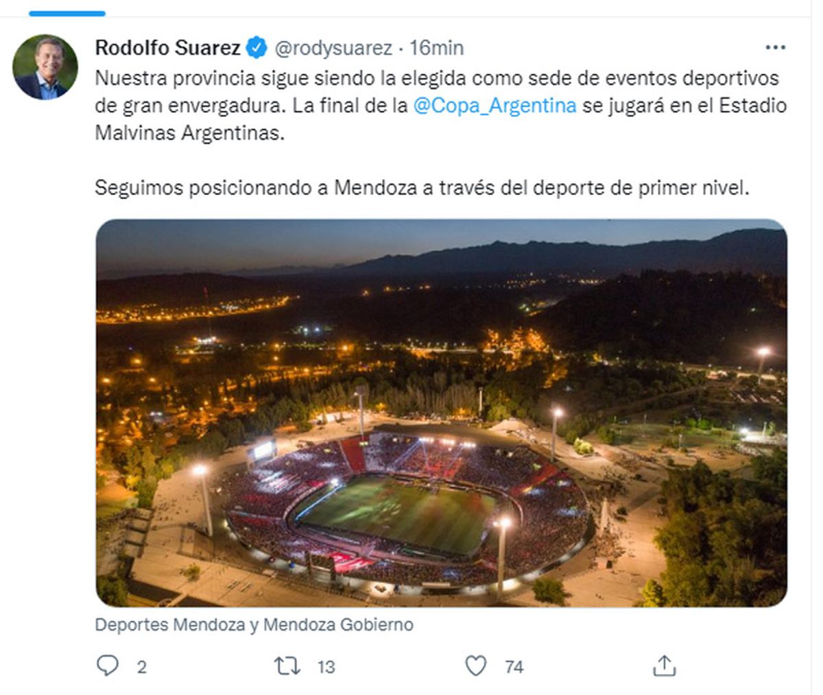 Rodolfo Suarez confirmó que Mendoza será escenario de la final de la Copa Argentina 2022.