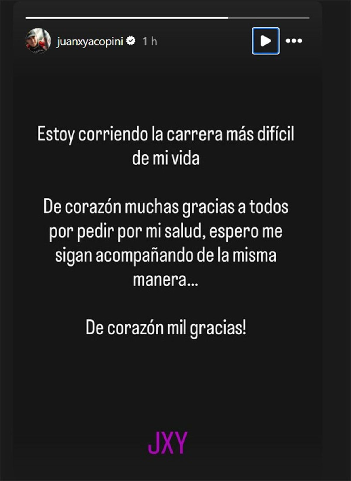 Este es el mensaje de Juan Cruz Yacopini en las redes.