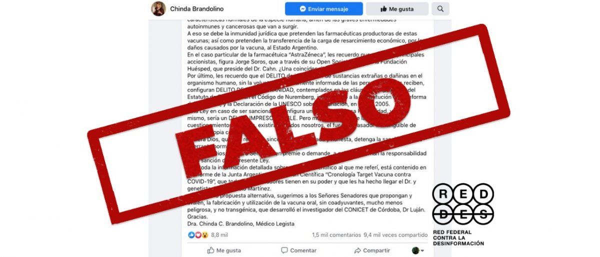 Circula en Facebook una carta de la médica Chinda Brandolino, que contiene afirmaciones y conclusiones sobre cómo supuestamente funciona la vacuna contra la Covid-19&nbsp;