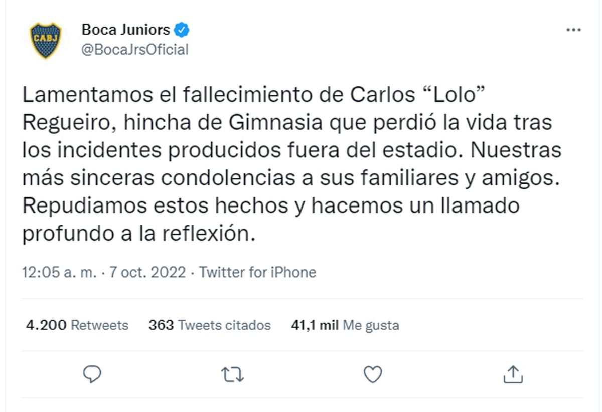 Comunicado de Boca Juniors por la muerte de César Regueiro.