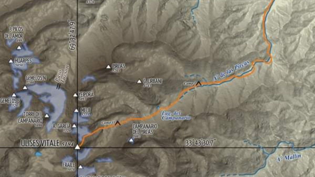Itinerario de la expedición al cerro Ulises Vitale, ingresando por el Arroyo de las Pircas, en el Manzano Histórico, Tunuyán.