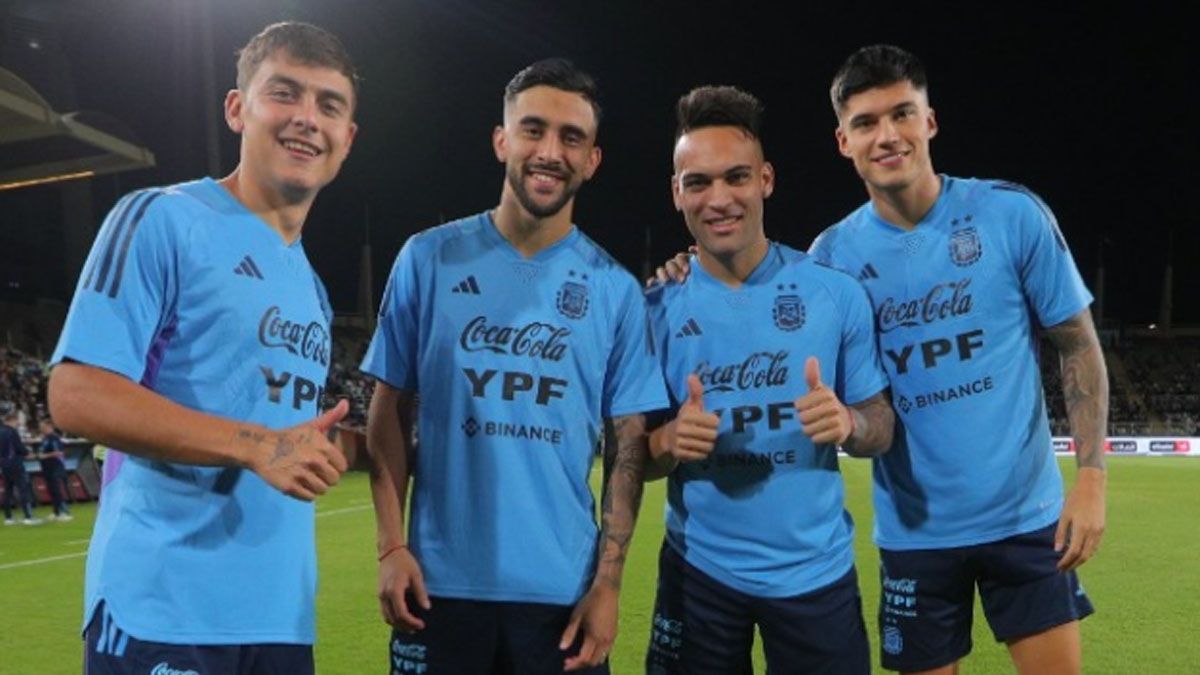 Dybala y Lautaro con los dos desafectados de este jueves: Nico González y Joaquín Correa