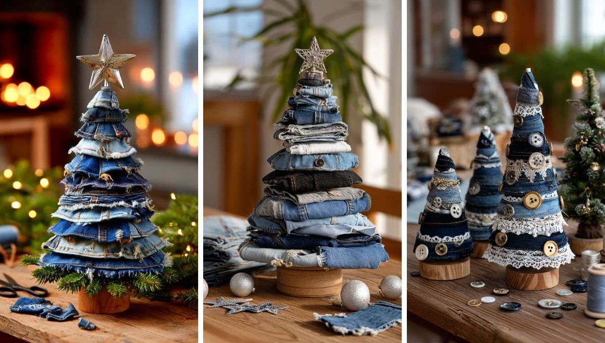 Pantalones de jean convertidos en pinitos de Navidad. Pantalones de jean convertidos en pinitos de Navidad. 