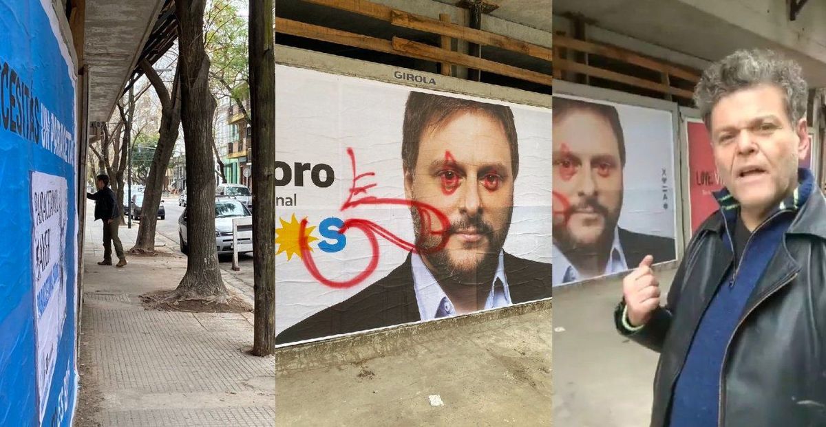 Decadente. Alfredo Casero vandalizó un cartel de Leandro Santoro.