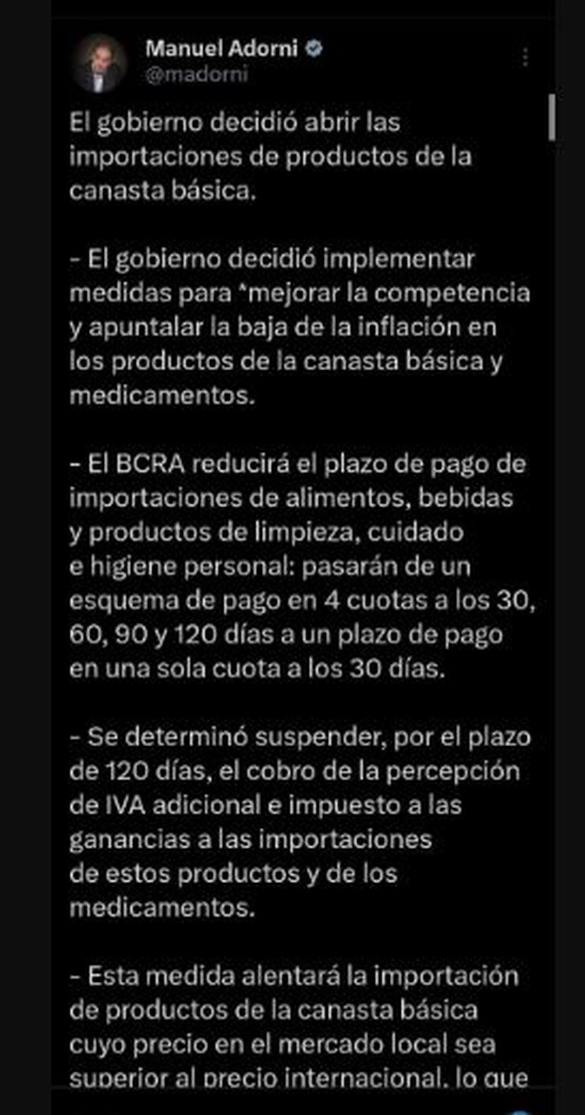 El anuncio del vocero presidencial Manuel Adorni. El anuncio del vocero presidencial Manuel Adorni.