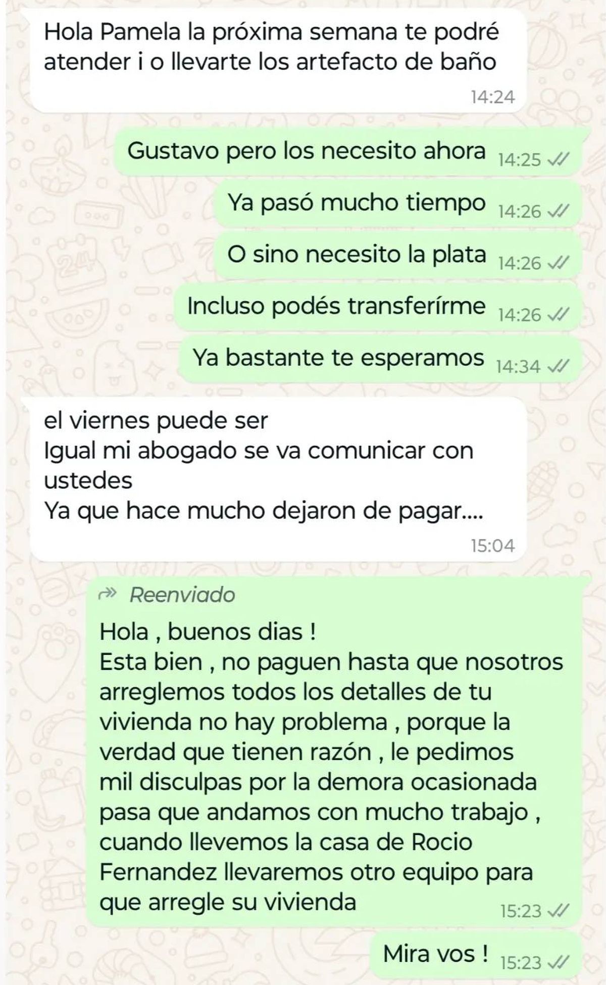 Algunos de los mensajes que Pamela intercambió con el dueño de Casa Modelo. Algunos de los mensajes que Pamela intercambió con el dueño de Casa Modelo.