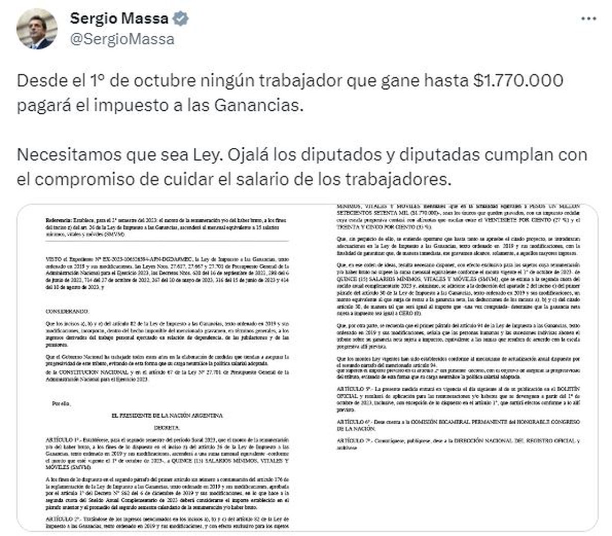 El tuit de Massa anunciando el decreto. El tuit de Massa anunciando el decreto. 