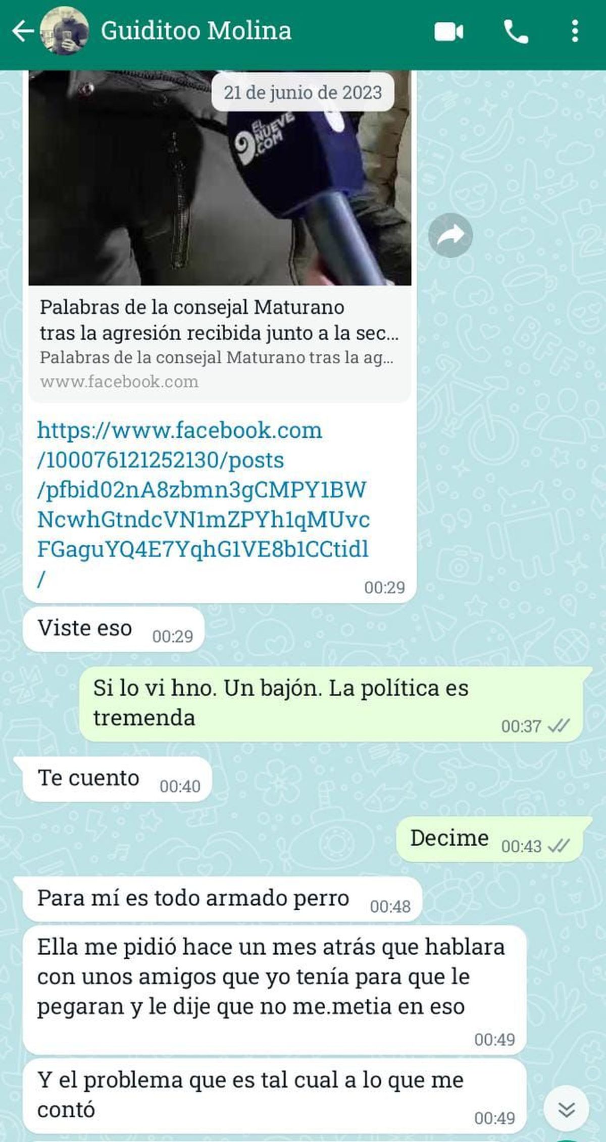 El chat que llegó a la Justicia. Molina habla con un amigo policía. El chat que llegó a la Justicia. Molina habla con un amigo policía.