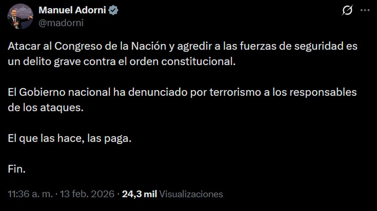 Manuel Adorni confirmó la denuncia a los manifestantes a través de su cuenta de X. Manuel Adorni confirmó la denuncia a los manifestantes a través de su cuenta de X.