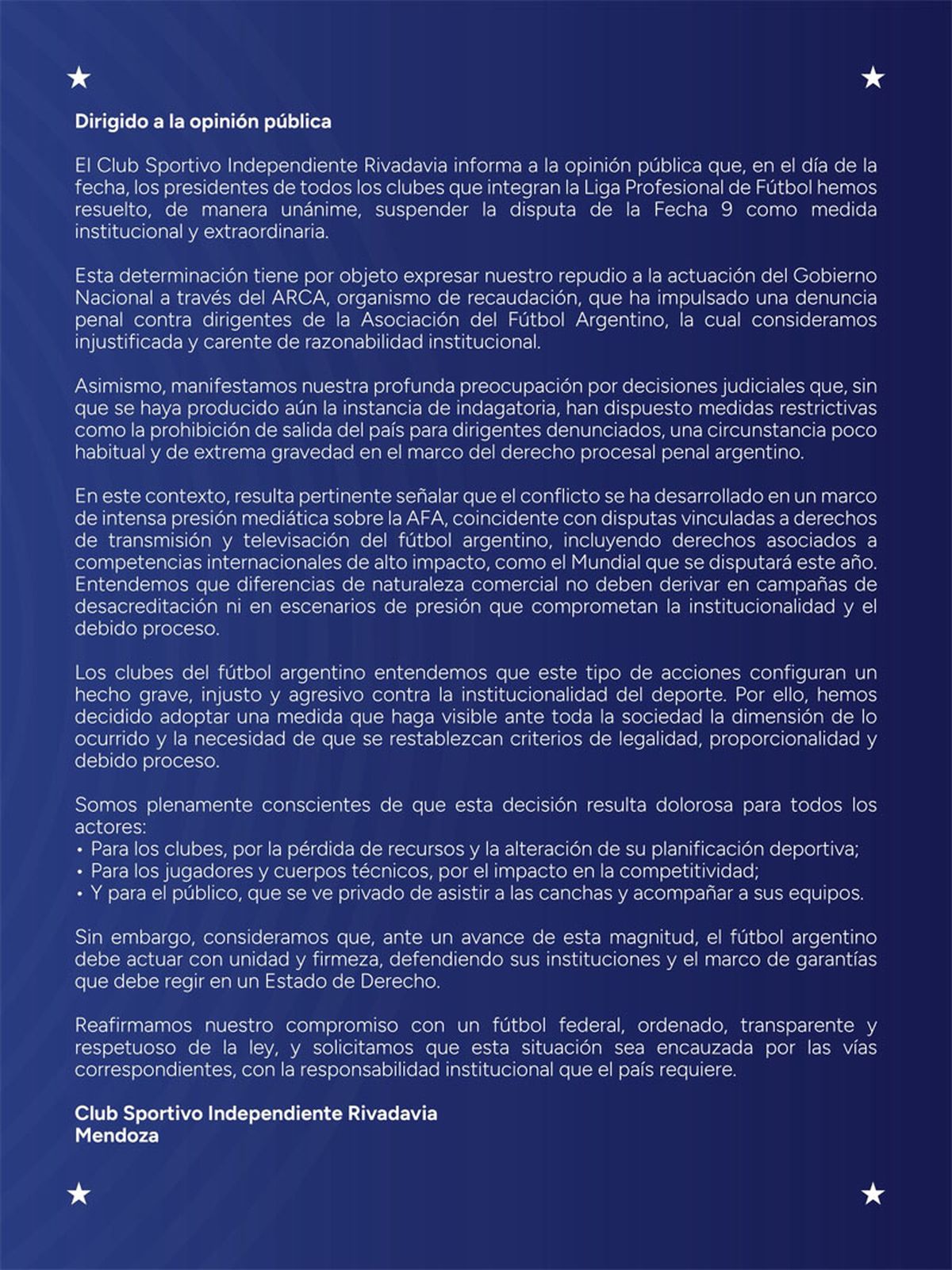 El comunicado de Independiente Rivadavia sobre el paro que se viene en el fútbol argentino.