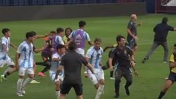 Diego Placente y algunos colaboradores de la Selección argentina Sub 15 no pueden separar ni frenar la batalla campal entre sus dirigidos y sus pares ecuatorianos.