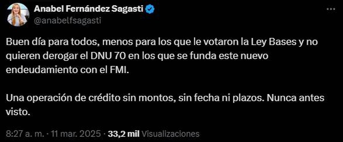 El tuit de Anabel Fernández Sagasti sobre el DNU de Javier Milei para acordar con el FMI. El tuit de Anabel Fernández Sagasti sobre el DNU de Javier Milei para acordar con el FMI.
