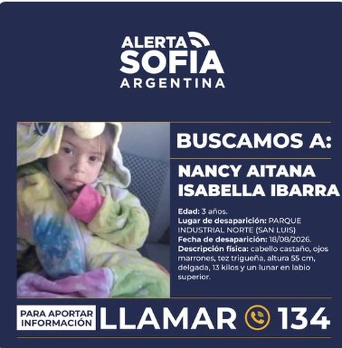 La pequeña está siendo buscada en San Luis pero también en las provincias vecinas, como la frontera con Mendoza y San Juan.