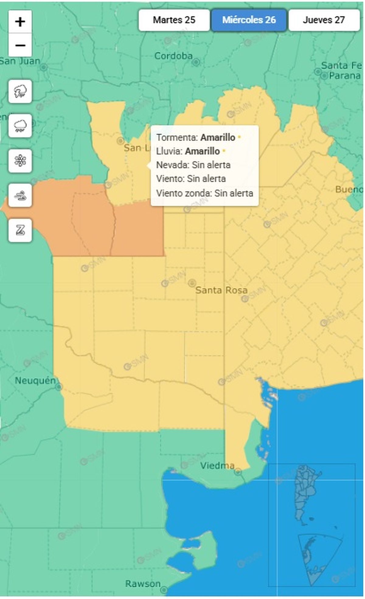 Dos alertas se encuentran vigentes en la provincia de San Luis Dos alertas se encuentran vigentes en la provincia de San Luis