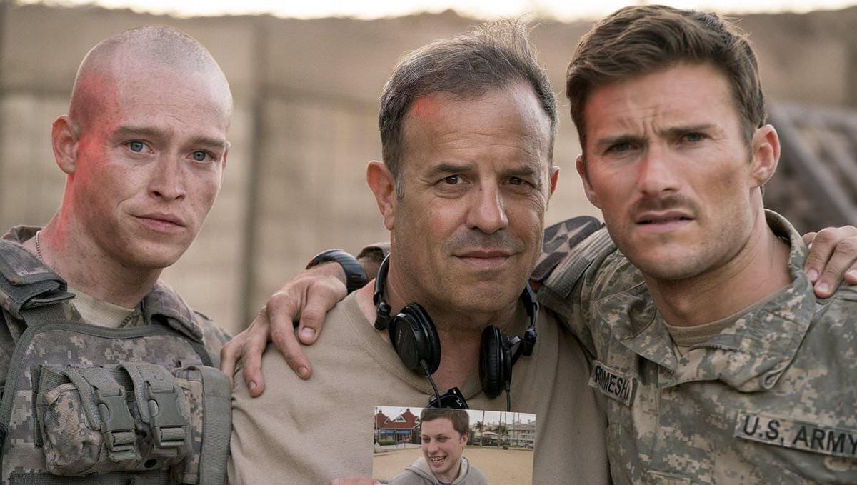 Caleb Landry Jones, Rod Lurie y Scott Eastwood durante el rodaje de La batalla de Kamdesh