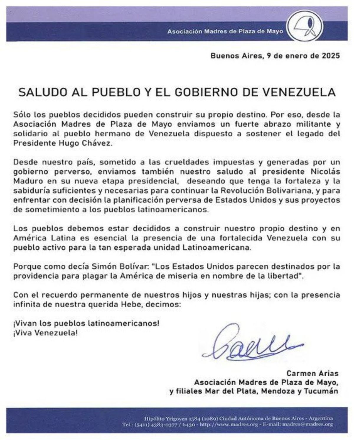 El comunicado de la Asociación Madres de Plaza de Mayo. El comunicado de la Asociación Madres de Plaza de Mayo.