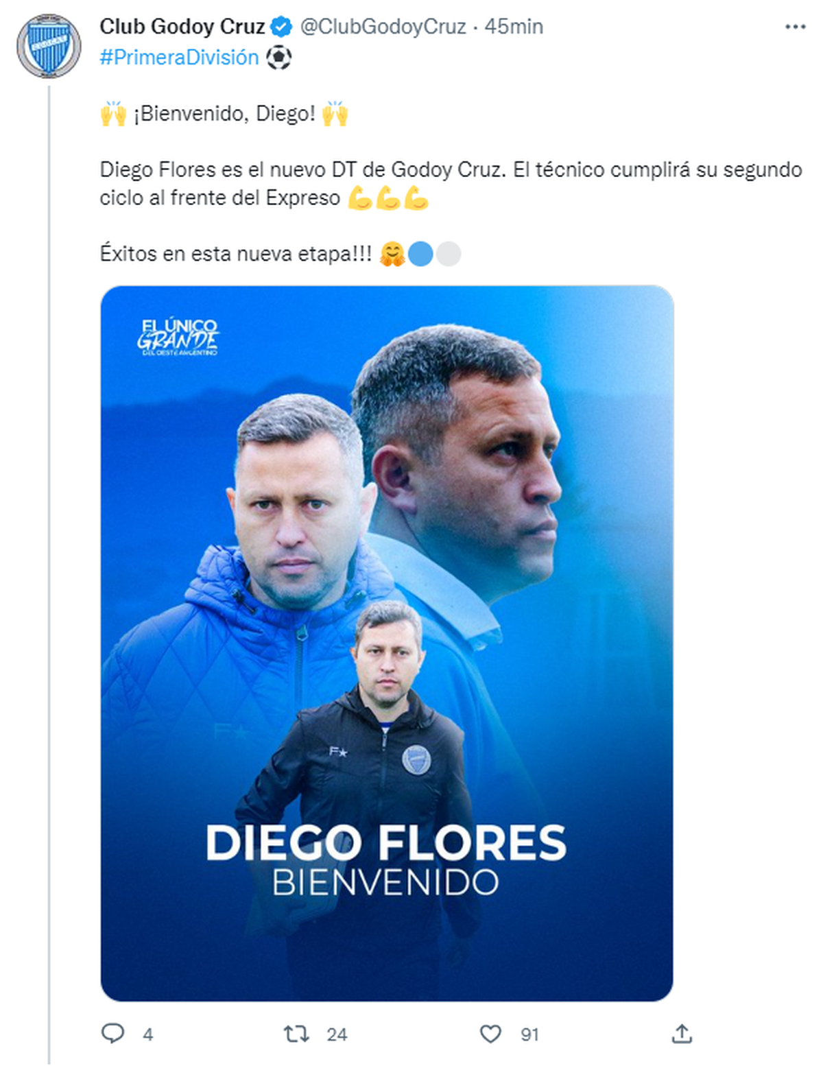 El tuit de Godoy Cruz para oficializar el regreso de Diego Flores a la conducción técnica.