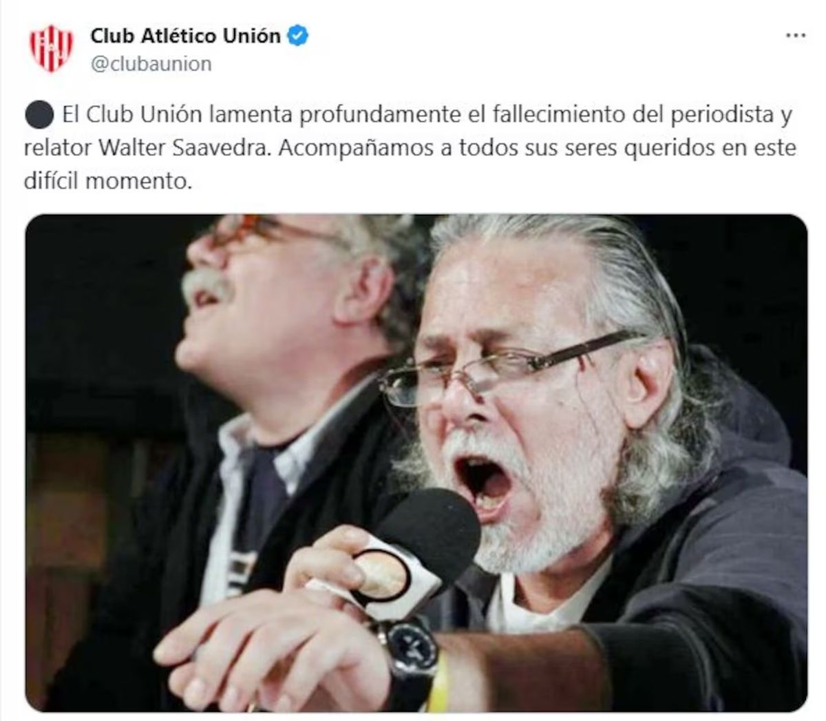 El posteo de Uni&oacute;n de Santa Fe lamentando el fallecimiento de Walter Saavedra.&nbsp;