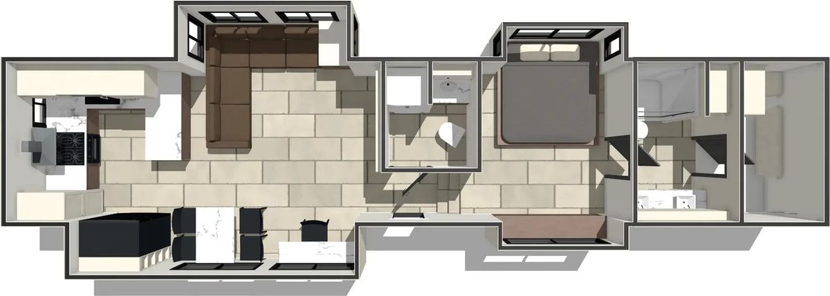 El plano demuestra lo enorme que es esta casa rodante cuando está completamente desplegada. El plano demuestra lo enorme que es esta casa rodante cuando está completamente desplegada.