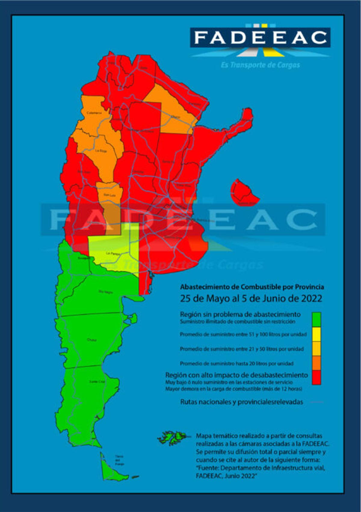 Estas son las zonas críticas por faltante de gasoil en el país. Entre las rojas se encuentra Mendoza.