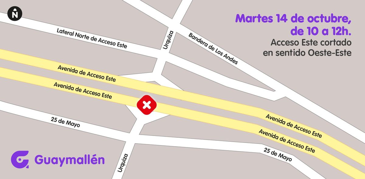 El corte de tránsito será en el Acceso Este a la altura de calle Urquiza. El corte de tránsito será en el Acceso Este a la altura de calle Urquiza.
