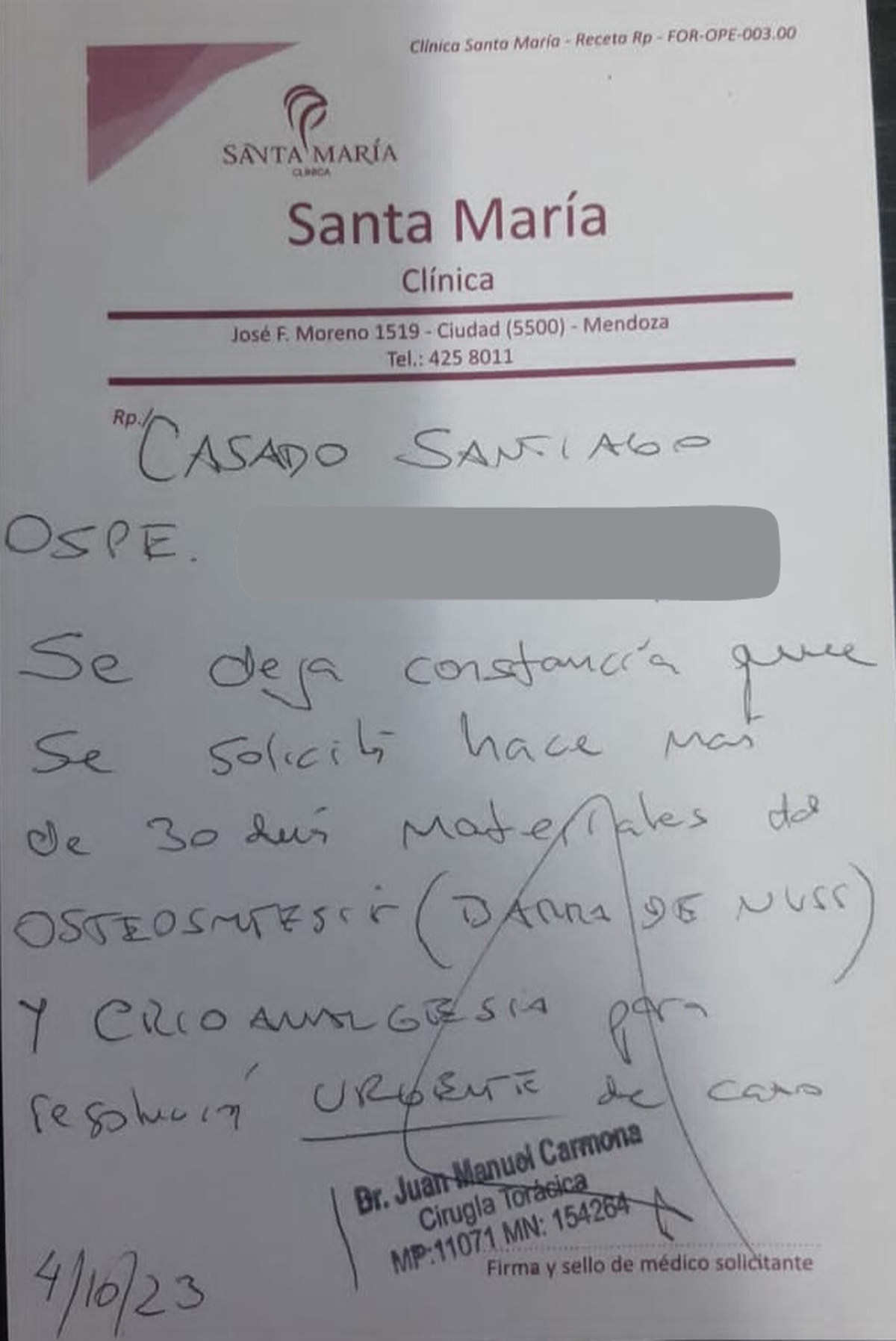 Urgente pedido médico para poder operar a Santiago Casado. Urgente pedido médico para poder operar a Santiago Casado.