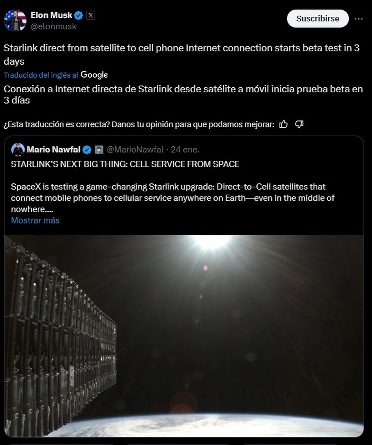 "La conexión directa de Starlink desde el satélite a internet del teléfono móvil comenzará la prueba beta en 3 días", escribió Elon Musk. "La conexión directa de Starlink desde el satélite a internet del teléfono móvil comenzará la prueba beta en 3 días", escribió Elon Musk.
