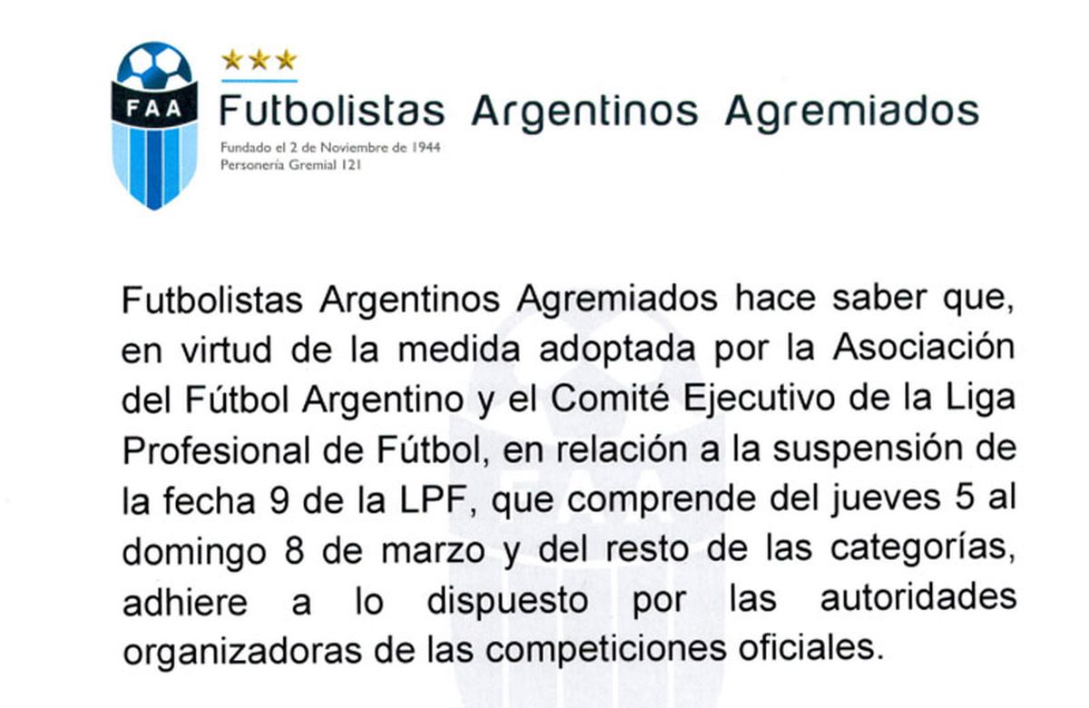 El comunicado de Futbolistas Argentinos Agremiados.