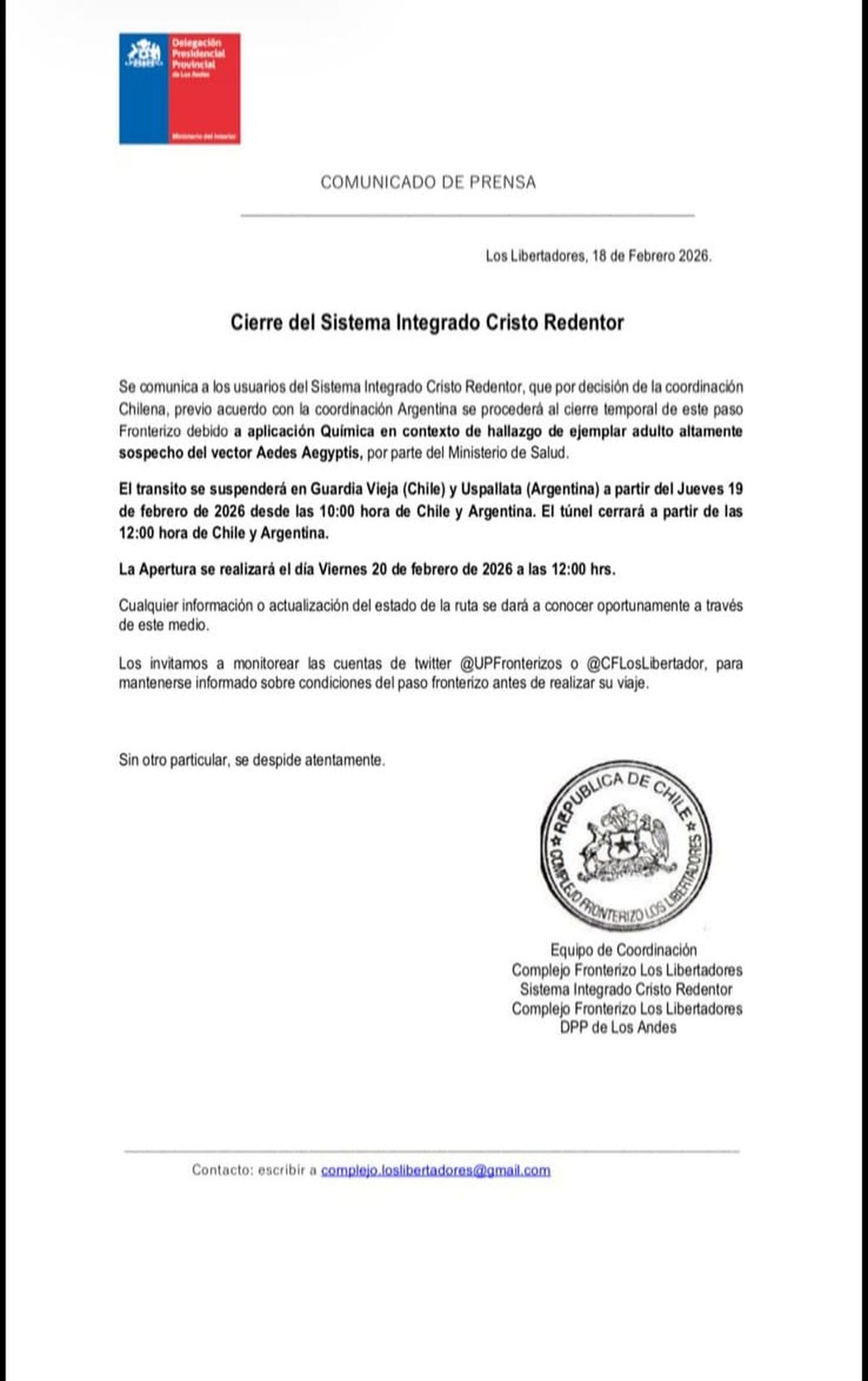 El comunicado que difundieron las autoridades del paso a Chile.