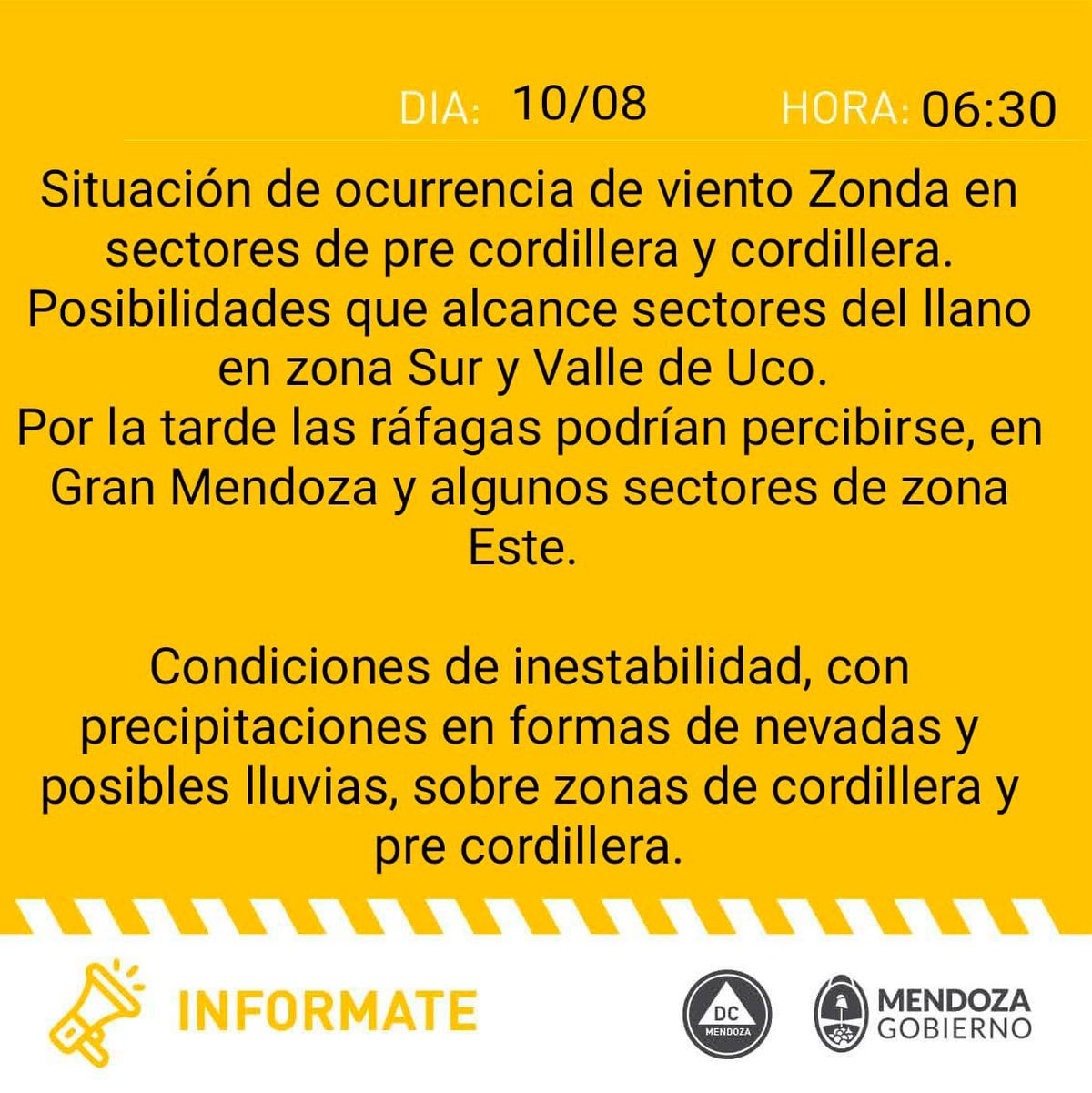Defensa Civil emitió este jueves una alerta amarilla para algunas zonas de Mendoza. Defensa Civil emitió este jueves una alerta amarilla para algunas zonas de Mendoza.